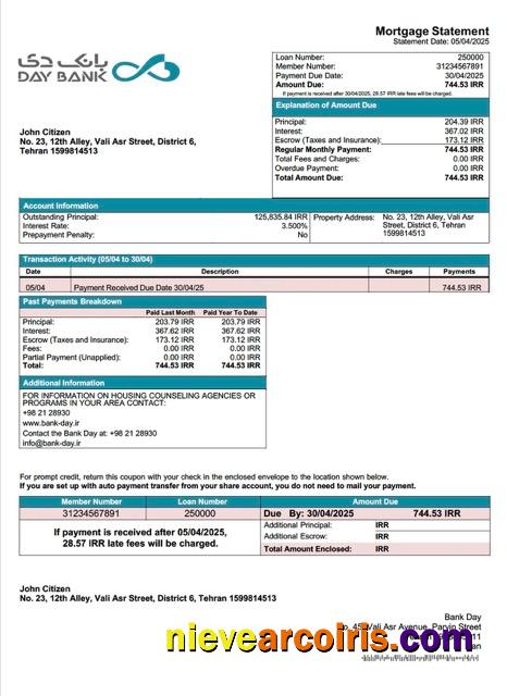 Iran Bank Day mortgage statement Word and PDF template